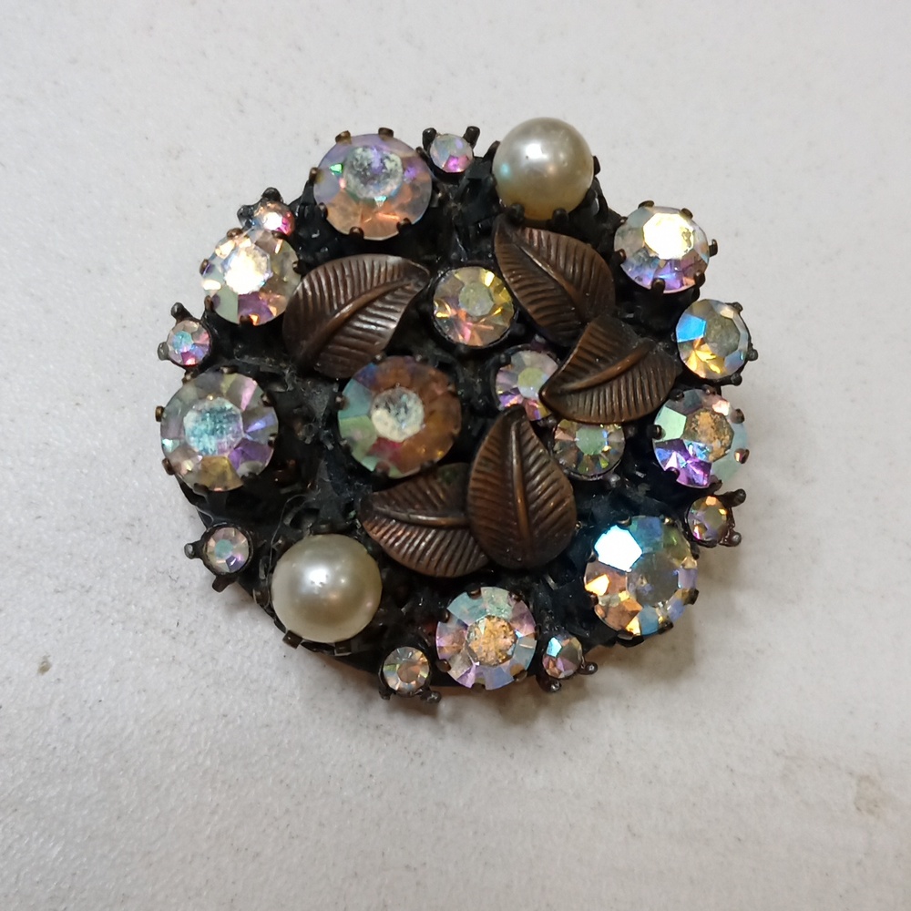 Made in Italy vintage brooch AB crystal brass copper